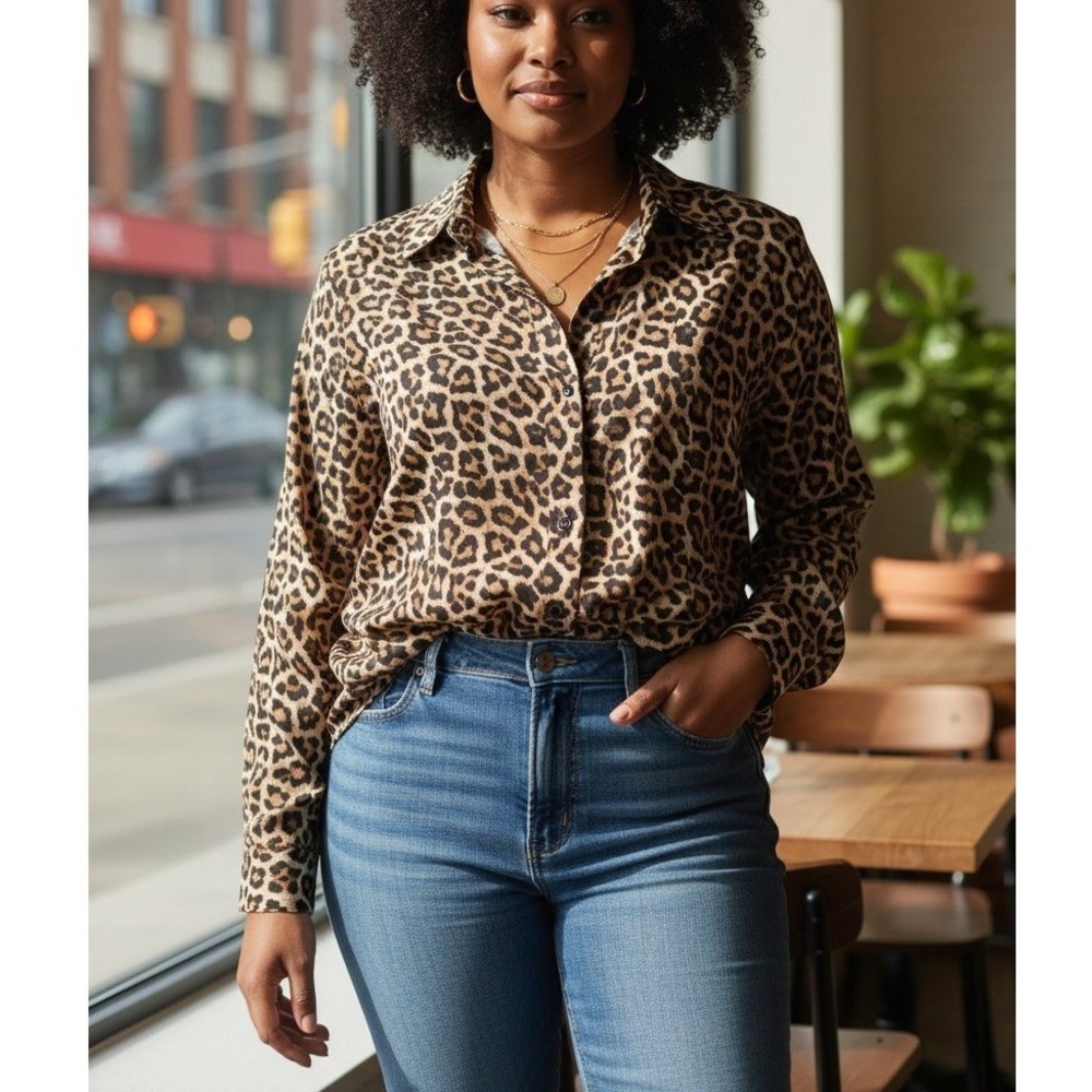 Michael Kors Animal Print Boutton Down Blouse High Low Womens Size 1XL